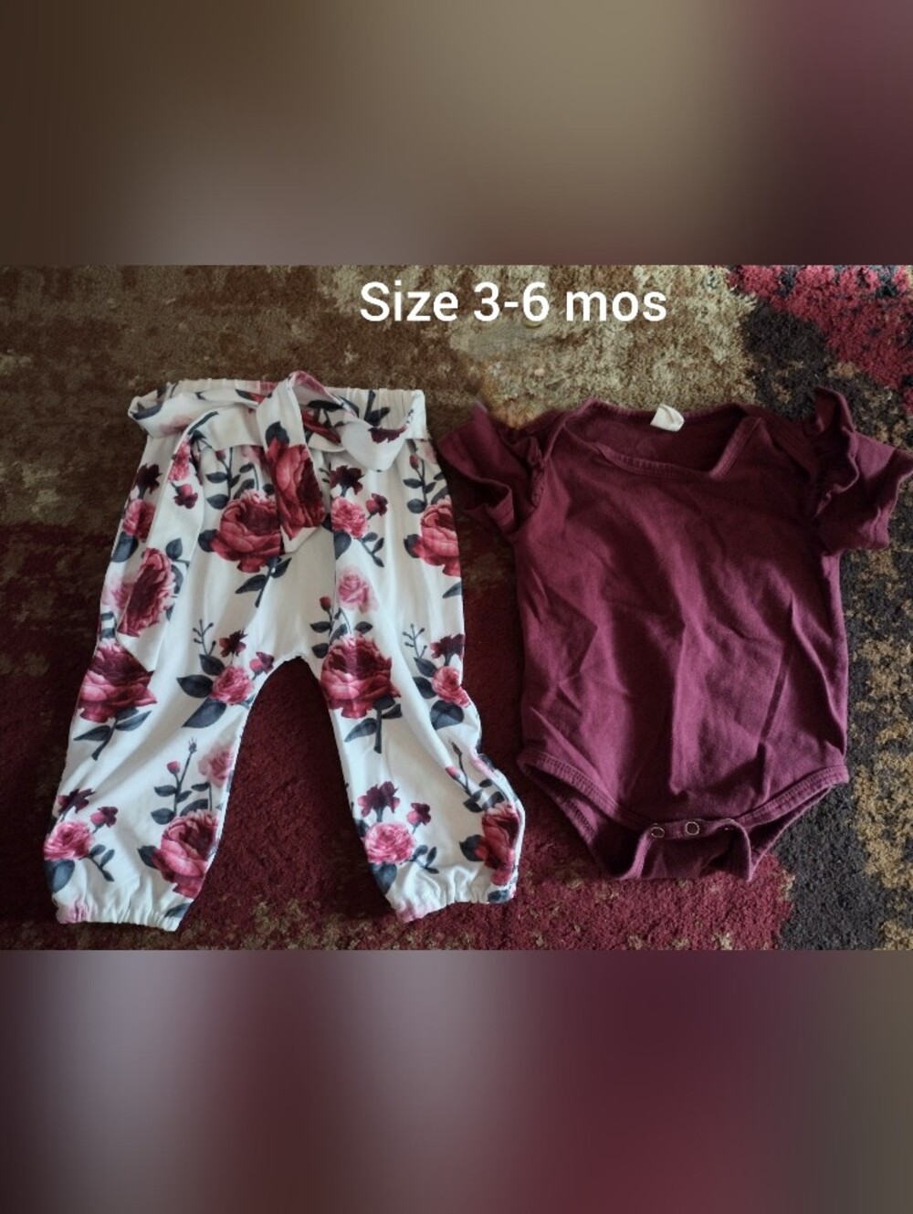 Baby Floral Pants and Maroon Bodysuit Set - Size 3-6M